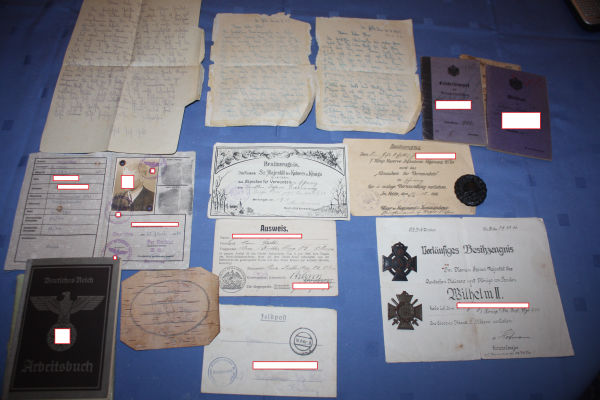 Nachlass mit Dokumenten 1. und 2. Weltkrieg mit Feldpostbrief auf Birkenrinde