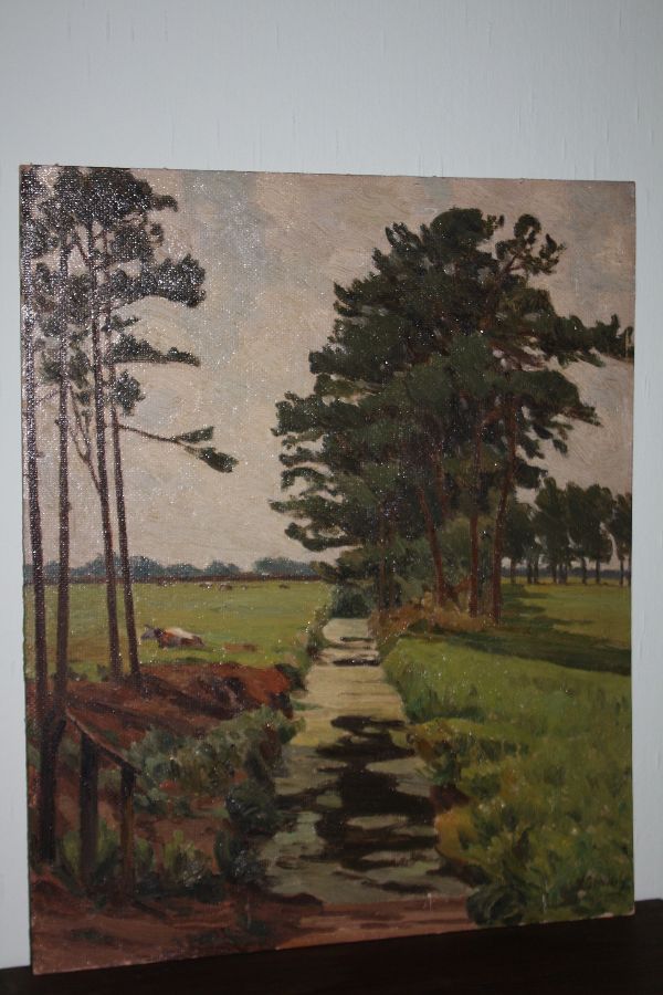 Ölgemälde, norddeutsche Landschaft mit Bäumen und Graben, Wilhelm Bartsch (*1871, +1953)