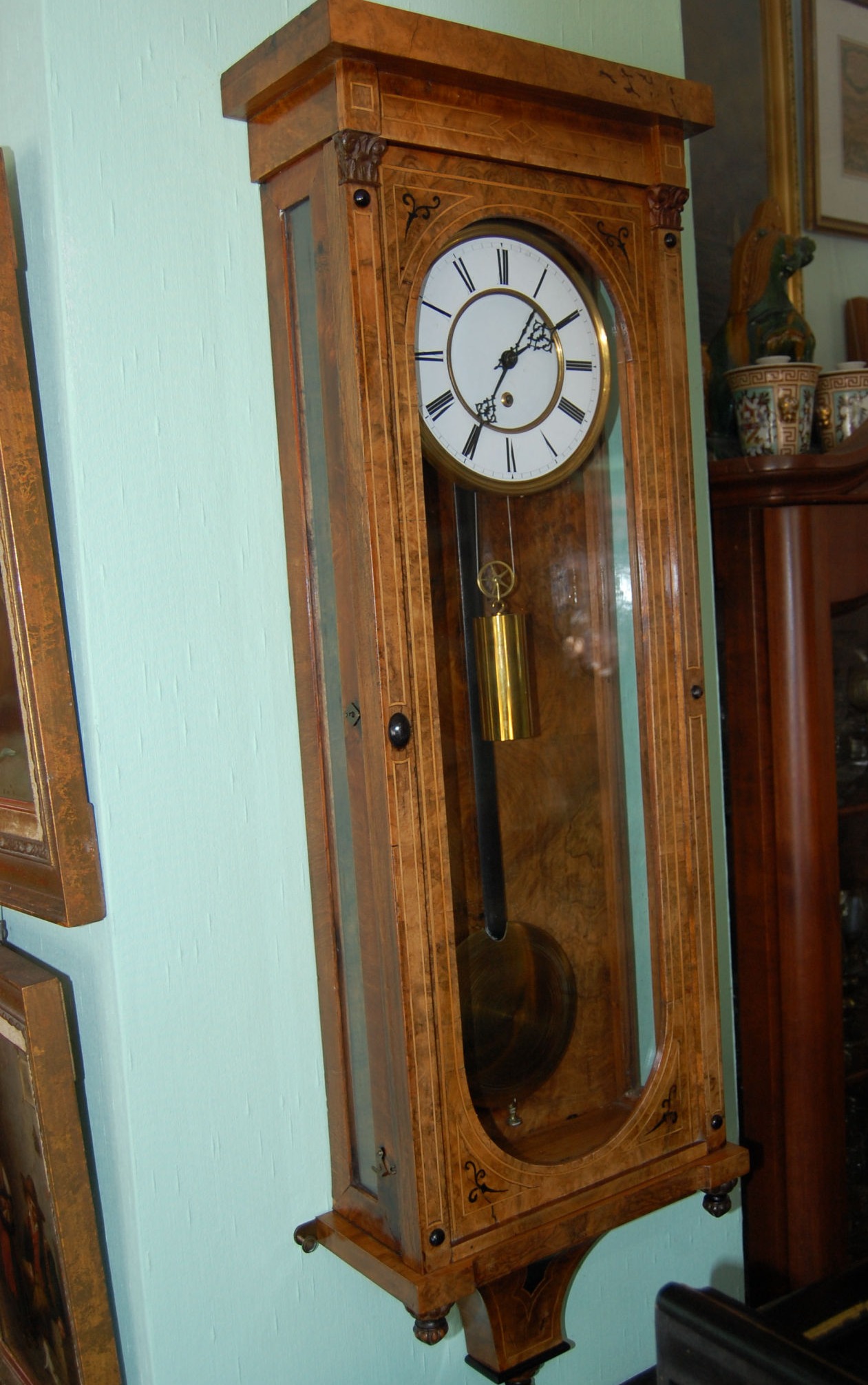 Mechanische Wanduhr Regulator 1870 Intarsien, Höhe 106 cm 
