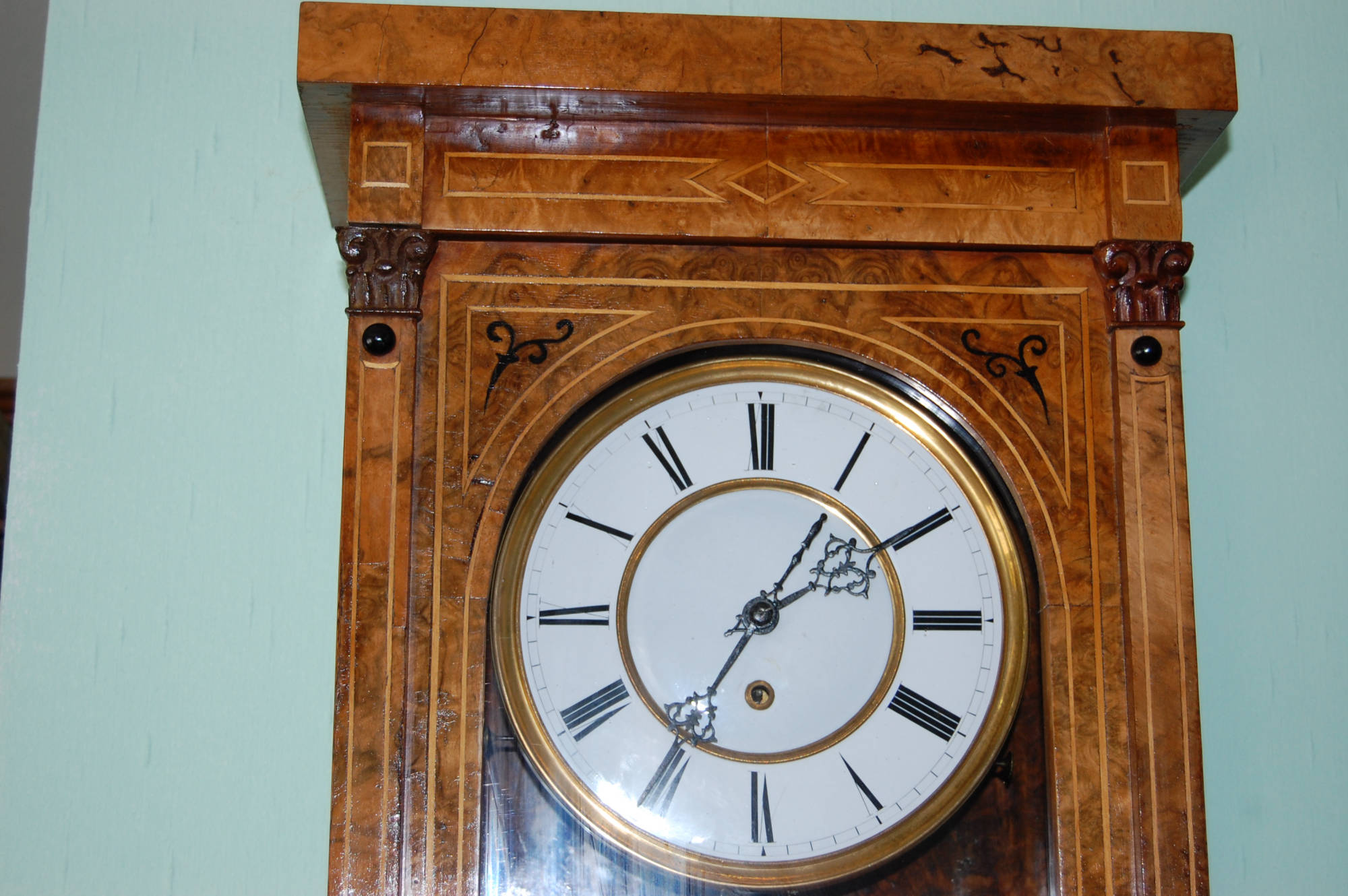 Mechanische Wanduhr Regulator 1870 Intarsien, Höhe 106 cm 