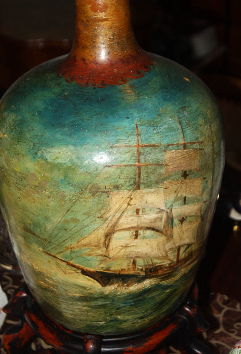 Grosse bemalte Flasche, Segelschiffe 19. Jh.