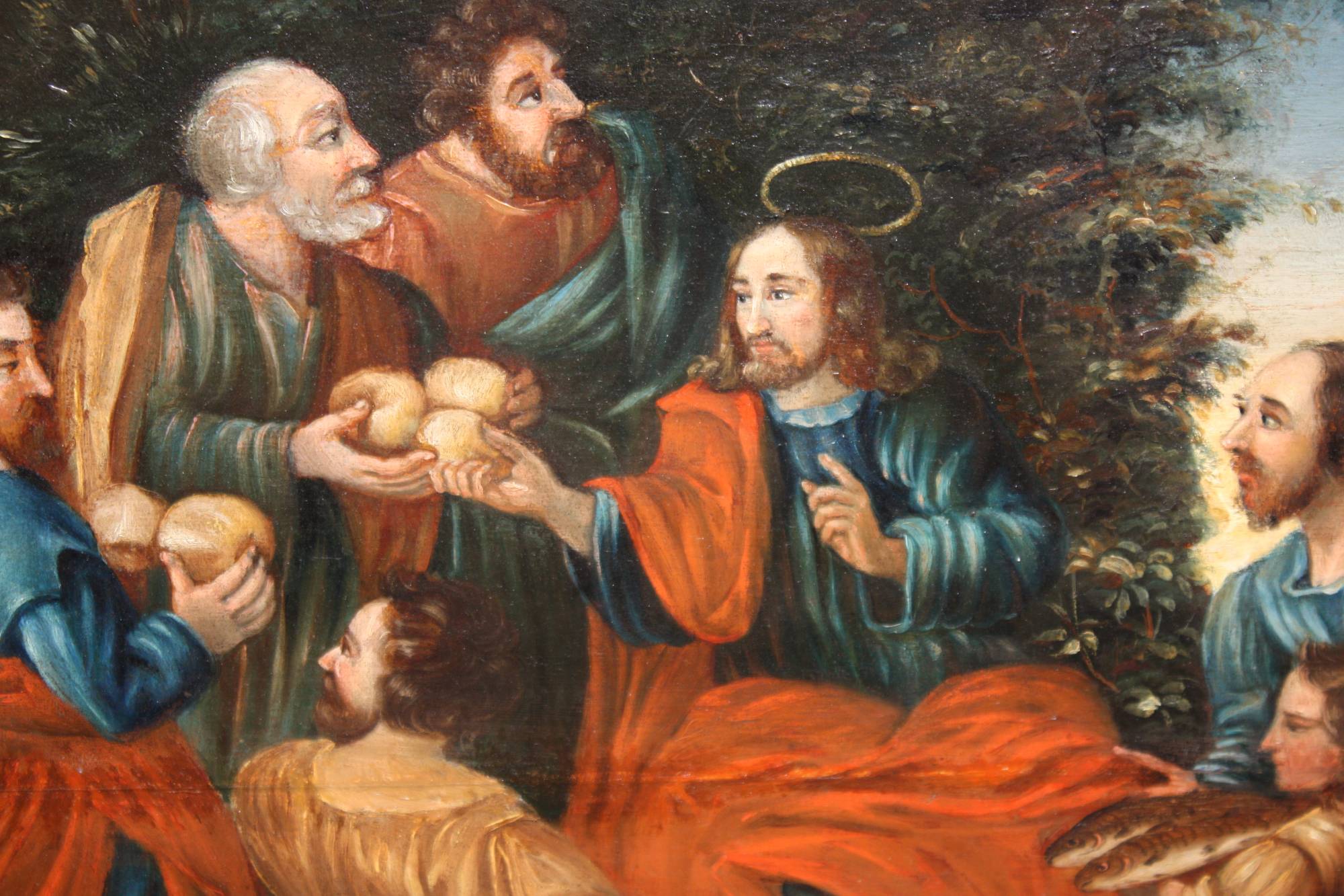 Antikes Altarbild, Öl auf Holz, "Wundersame Brotvermehrung"